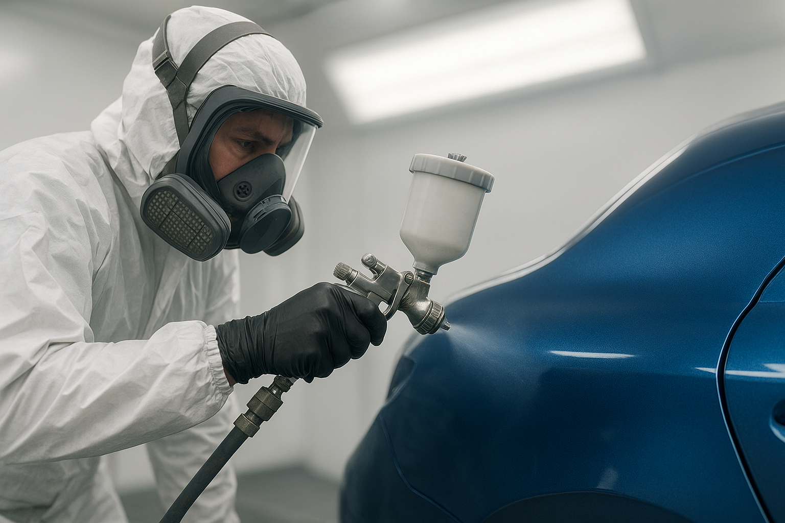 Auto body painter applying precision paint matching in a professional spray booth