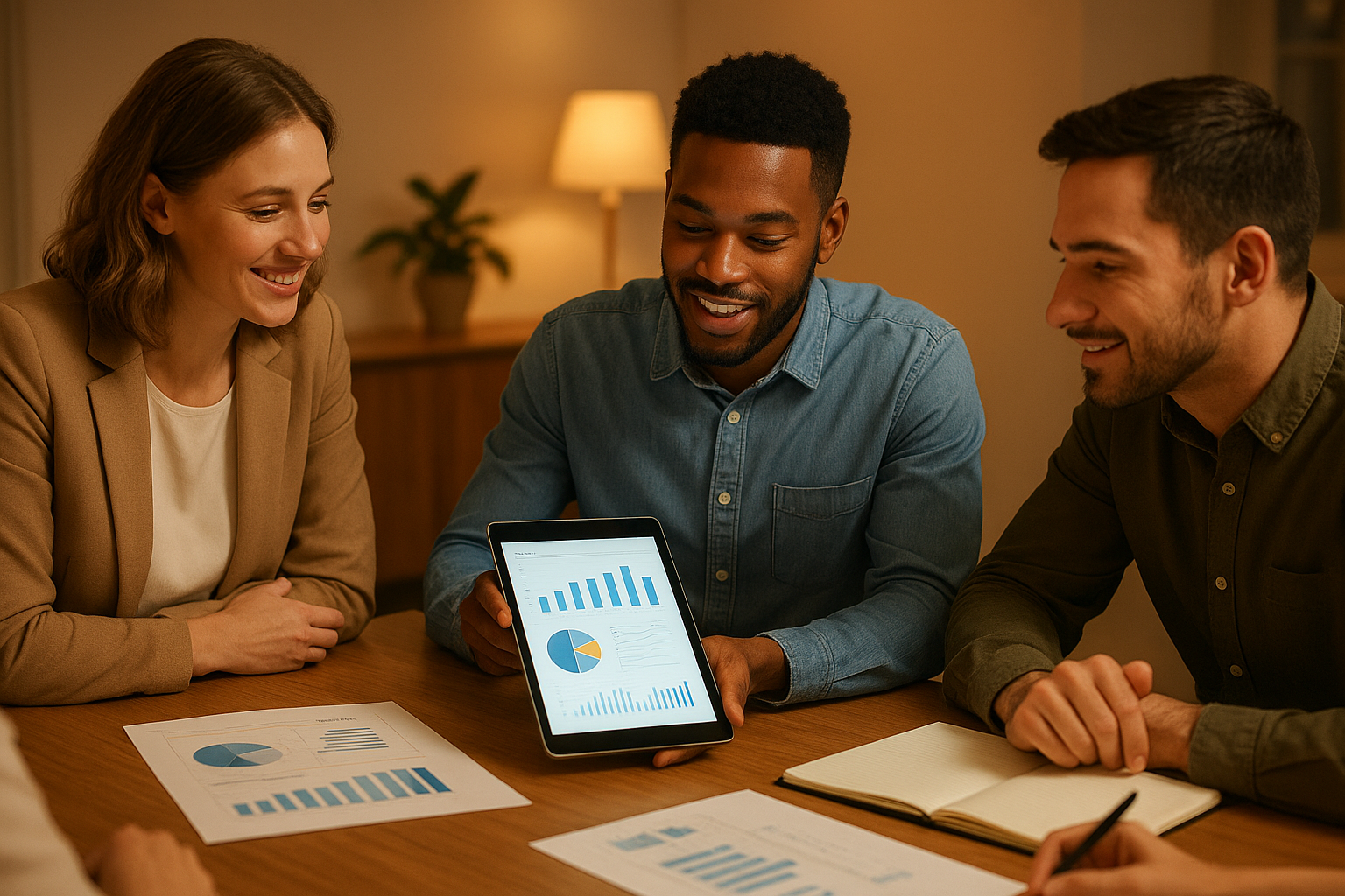 Small business HR team reviewing integrated HR technology data on a tablet