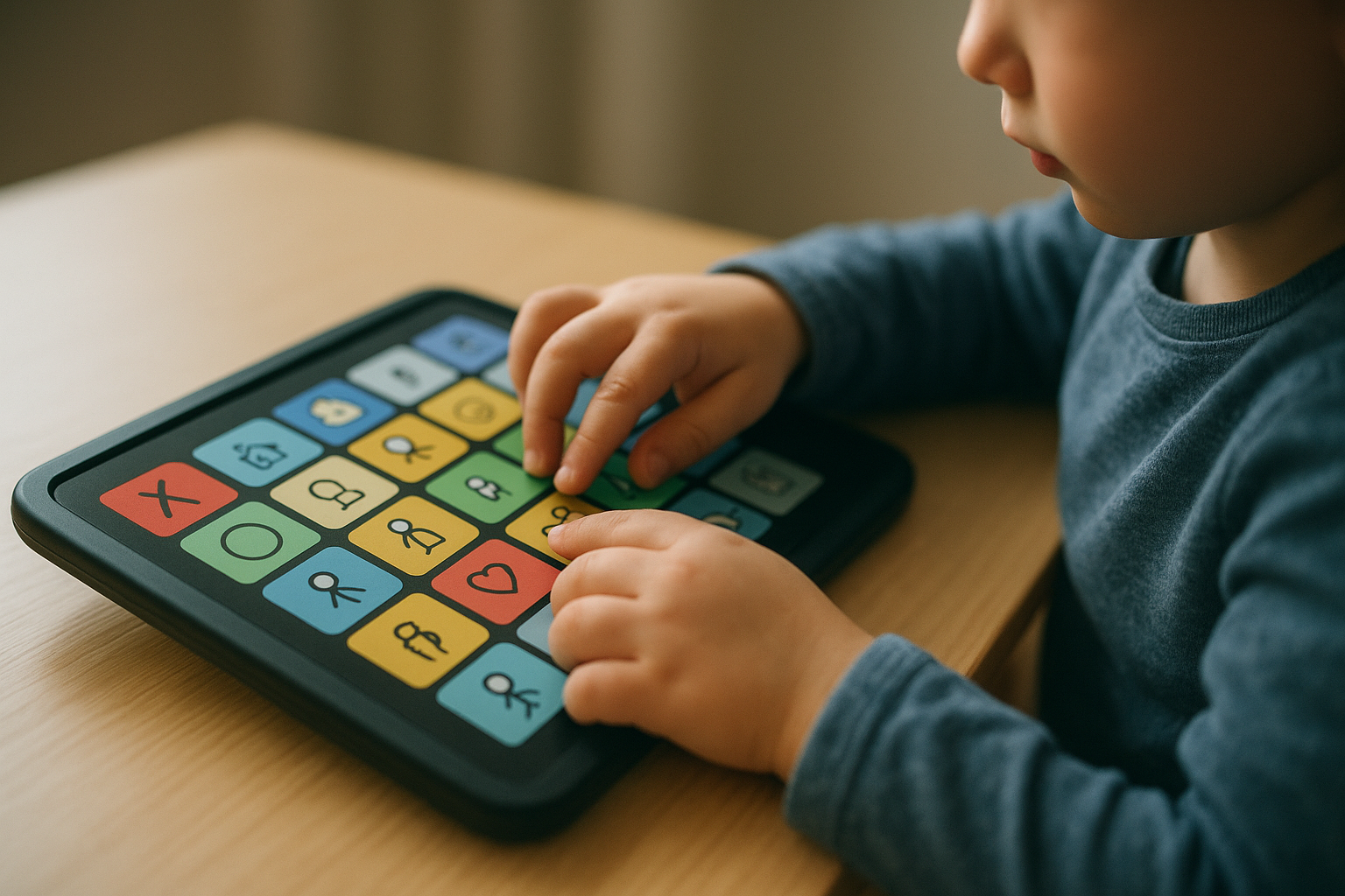 Child selecting a core vocabulary symbol on an AAC device during a speech therapy session