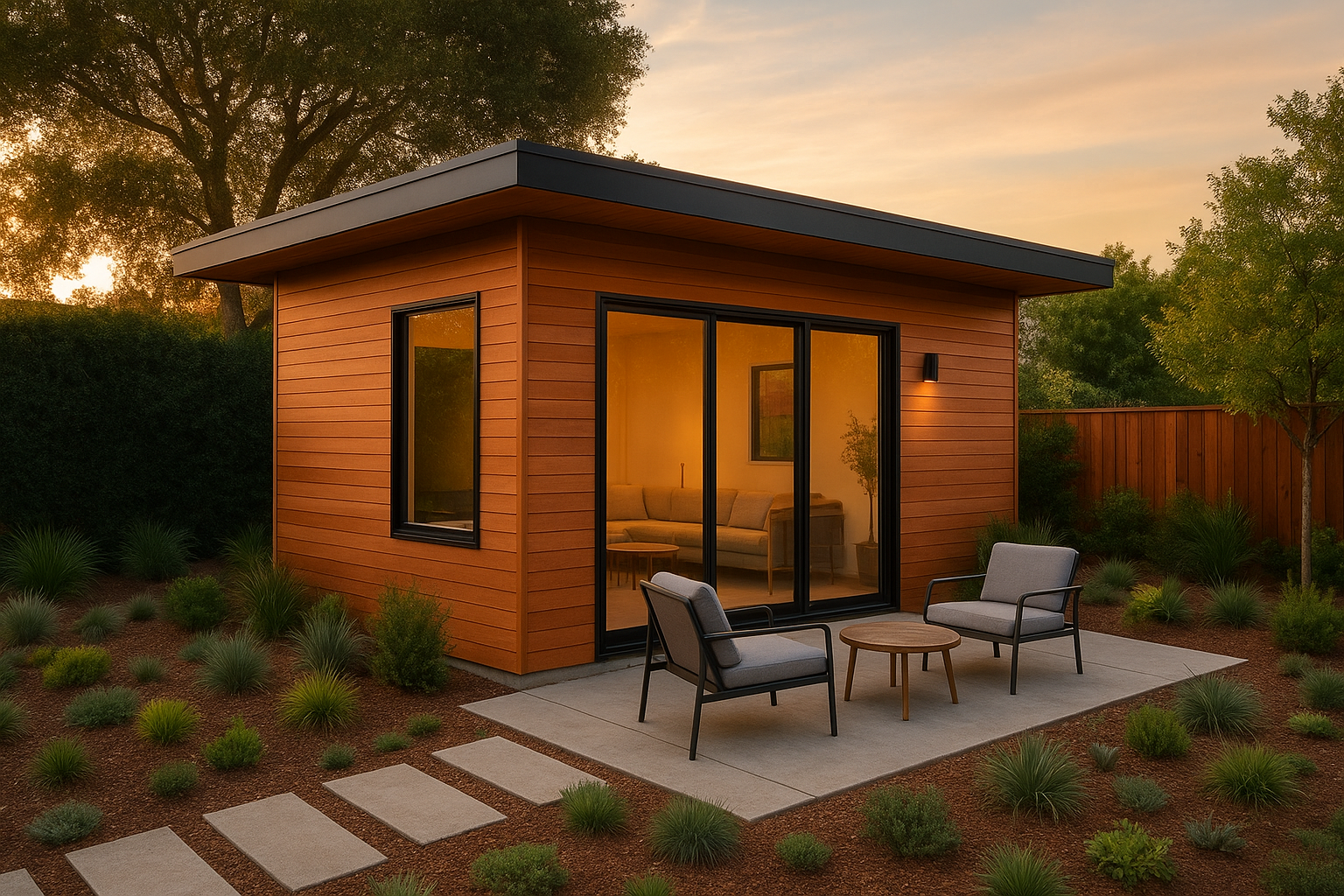 Detached granny apartments with modern wood siding in a Southern California backyard