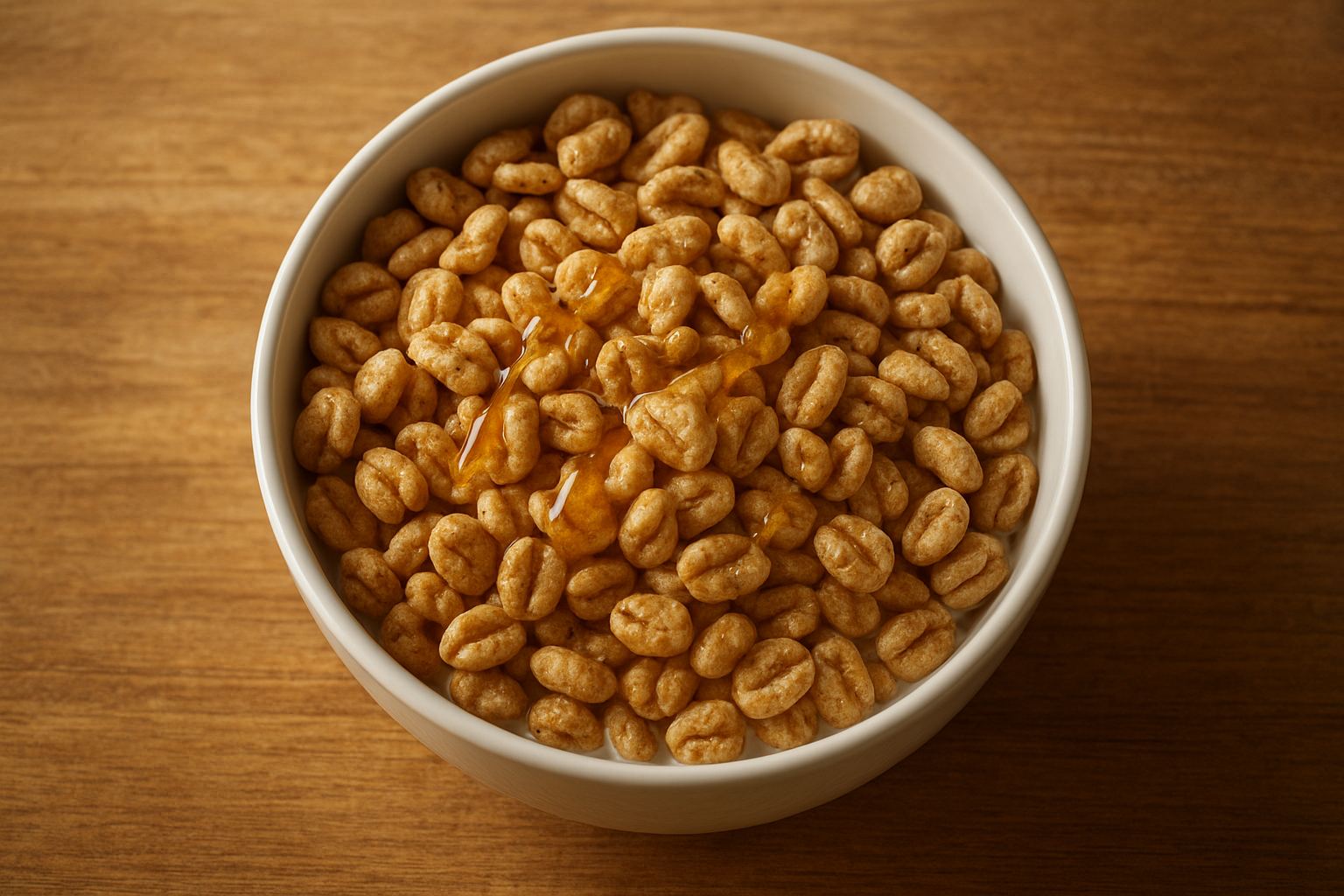 Bowl of cereal without refined sugar made from puffed whole grains and honey