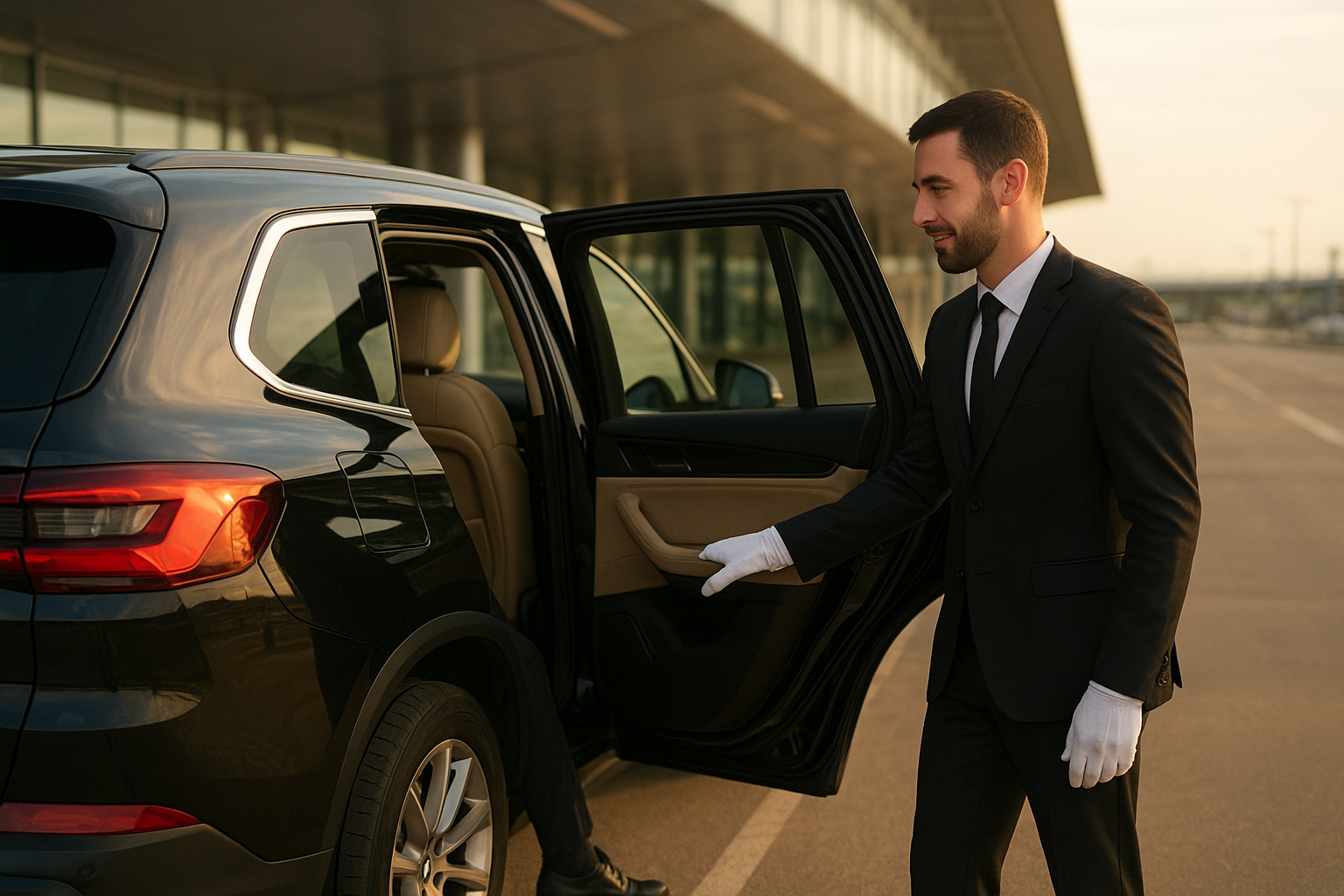Chauffeur opening vehicle door for a passenger during an airport pickup in Charlotte
