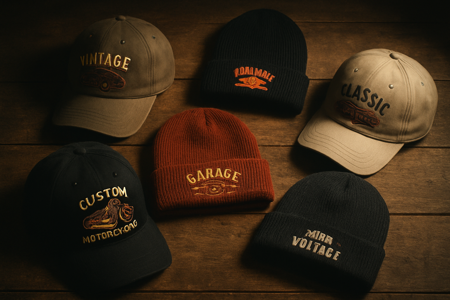 Custom printed headwear collection featuring caps and beanies with vintage motor-inspired designs