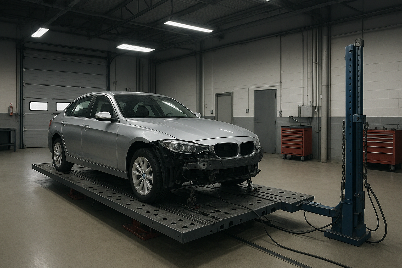 Vehicle on a hydraulic bench receiving auto frame alignment service Brea technicians use to correct structural damage