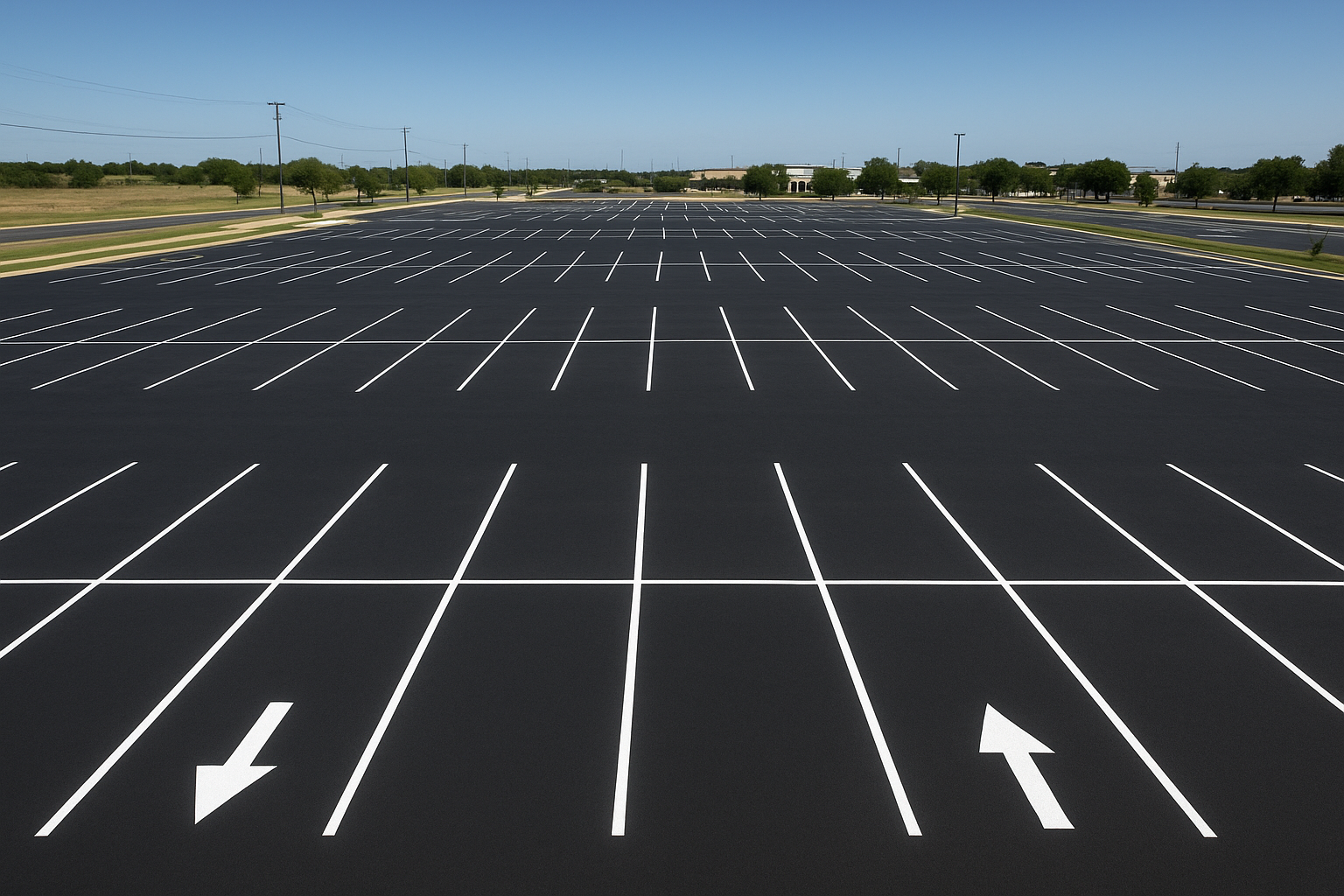 Aerial view of freshly painted directional arrows parking lot Texas striping project