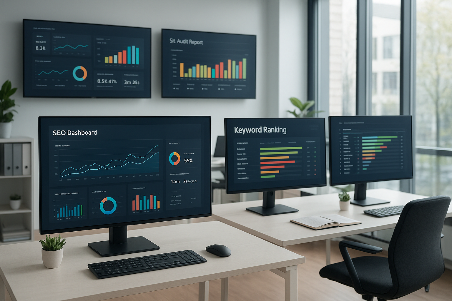 Agency team using SEO tools for agencies on multiple monitors showing ranking dashboards