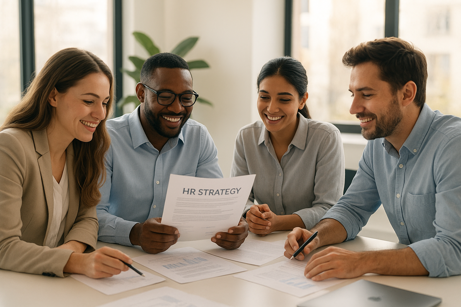 Small business team discussing HR consulting strategy and agreement terms in a modern office setting