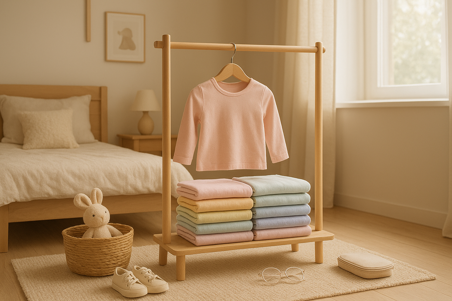 Curated children's wardrobe rack with folded pastel kids clothing in a bright bedroom
