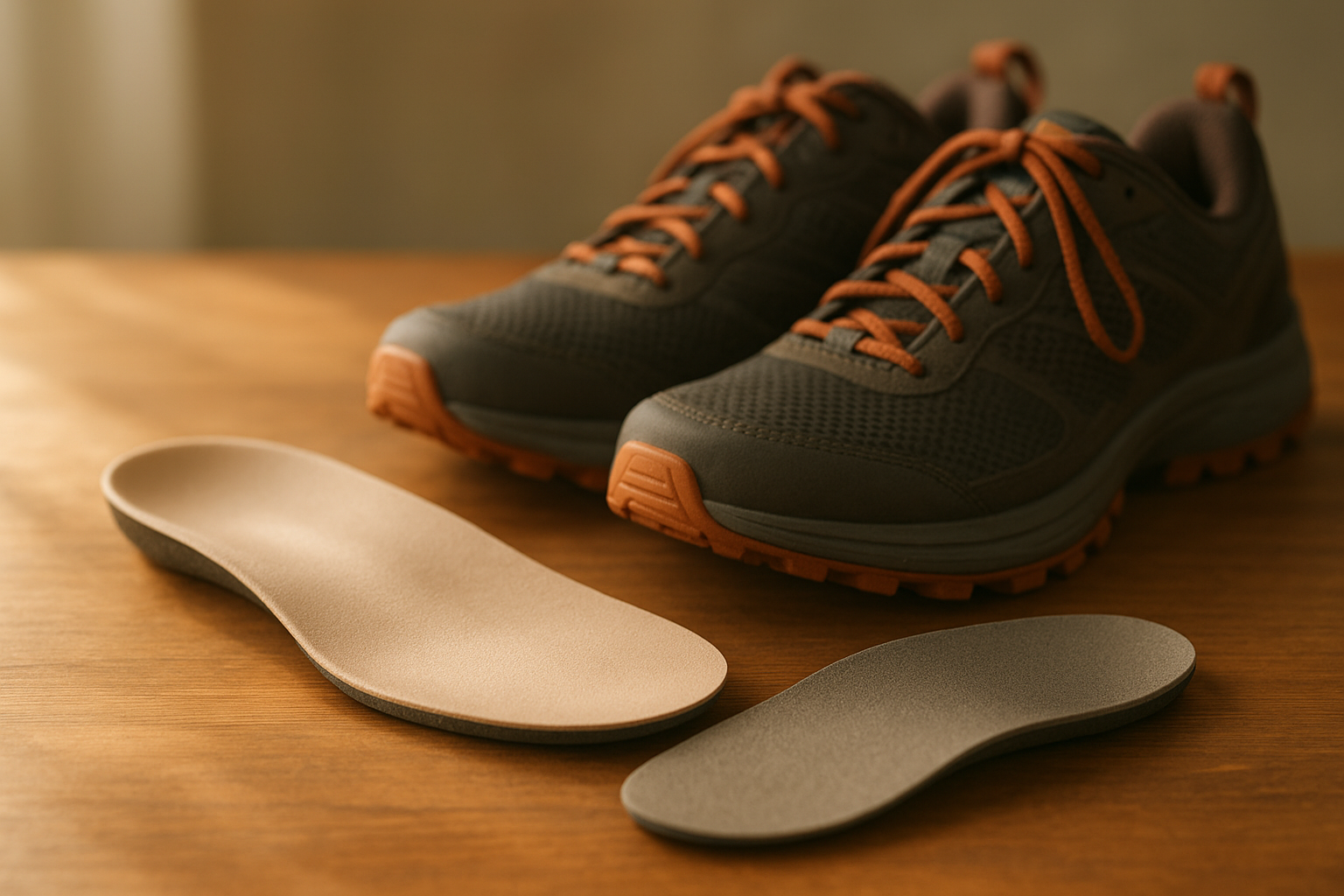 Custom orthotics for recreational activities placed next to trail running shoes on a wooden surface