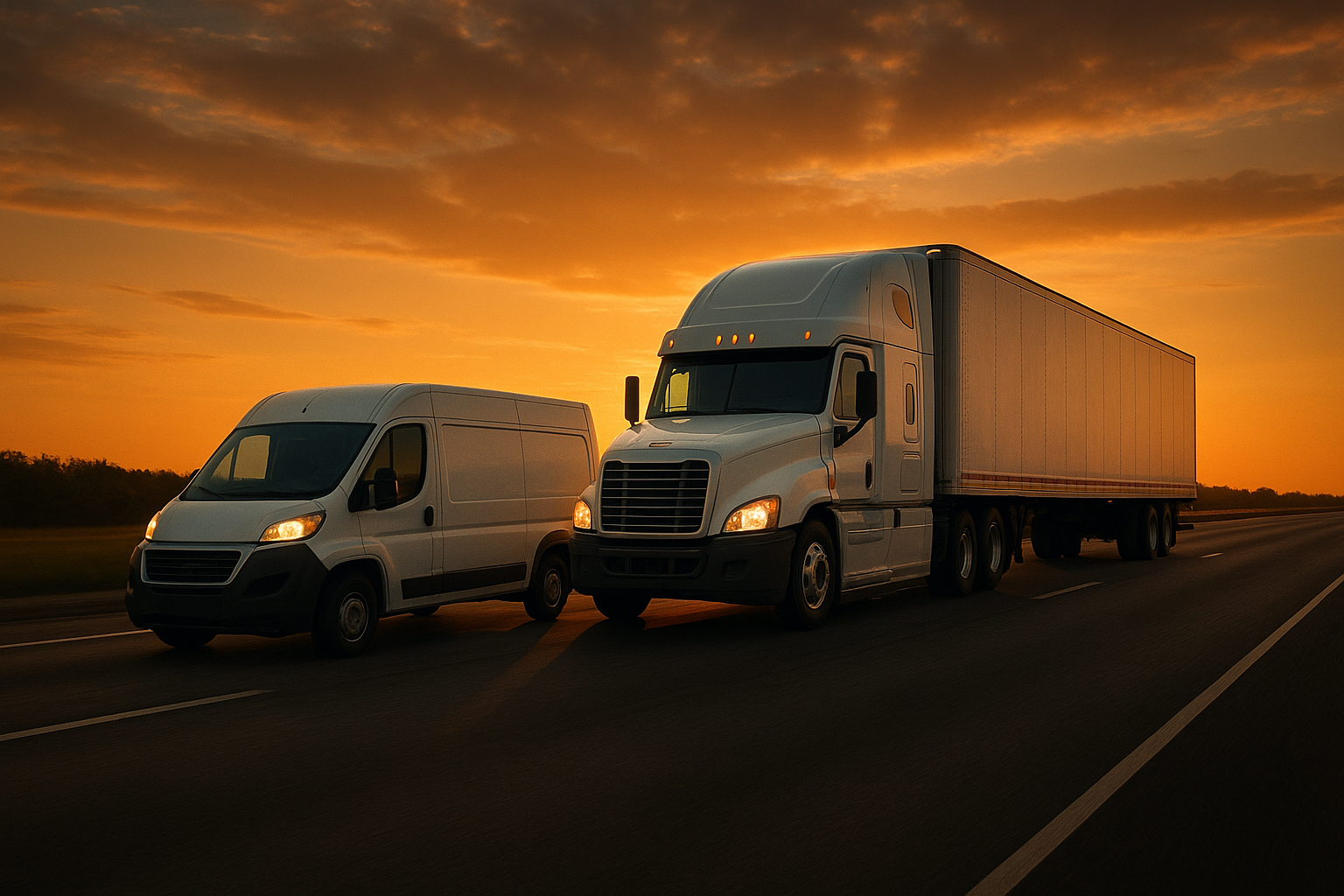 Parcel delivery van and larger LTL freight trailer on a highway representing different shipping scales