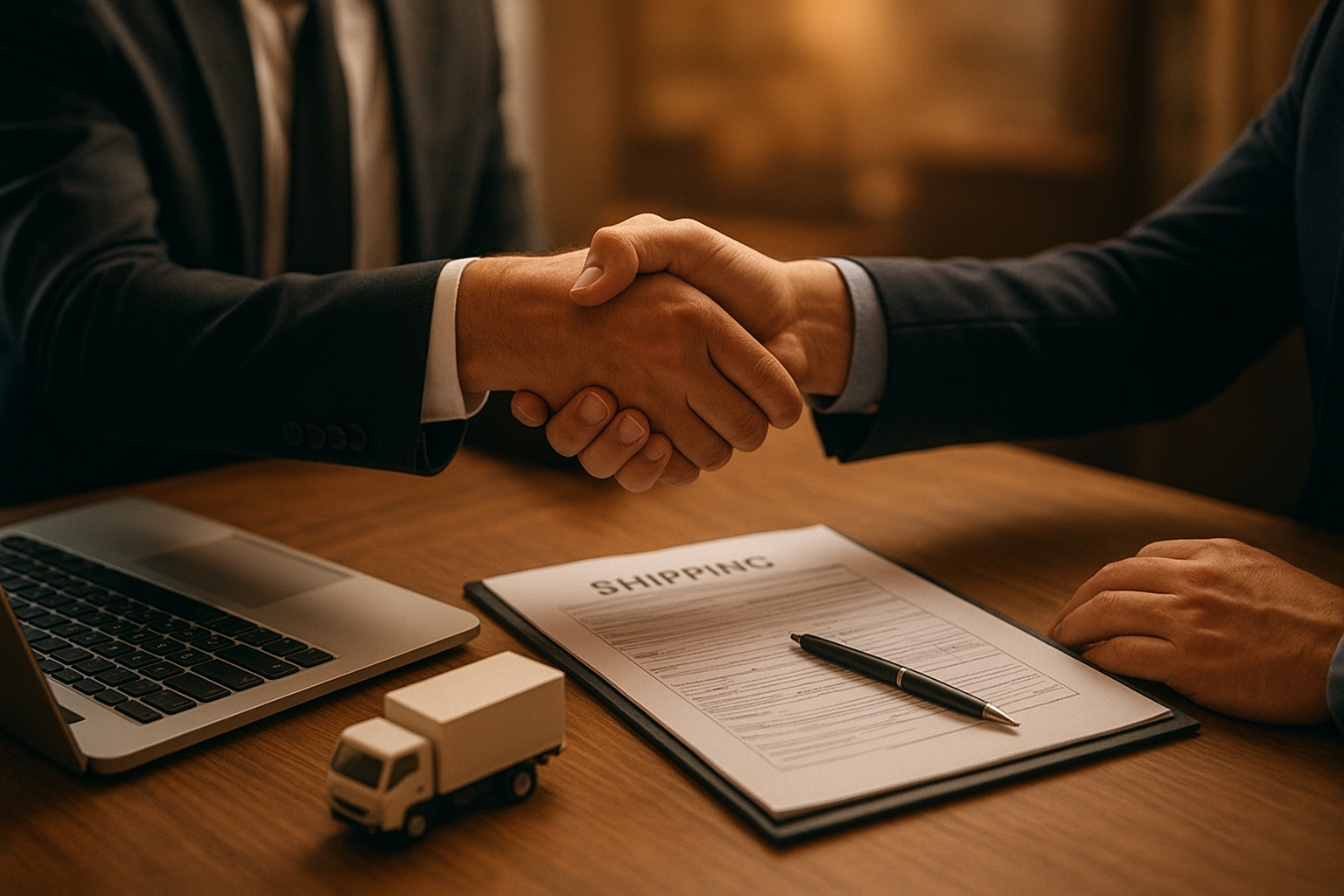 Shipper and carrier representatives shaking hands after finalizing a broker agreement