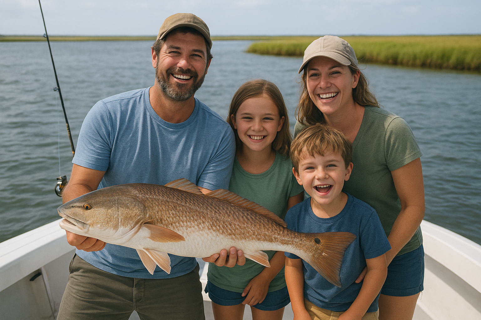 Family holding a redfish caught during an inshore charter near Myrtle Beach