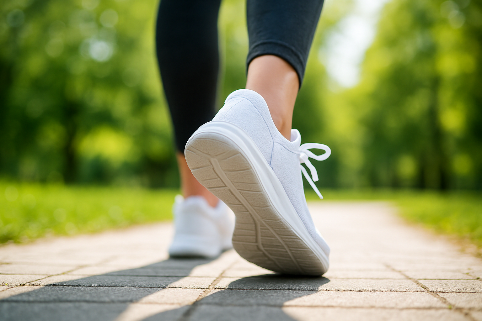 Person walking outdoors in athletic shoes fitted with arch-supportive insoles