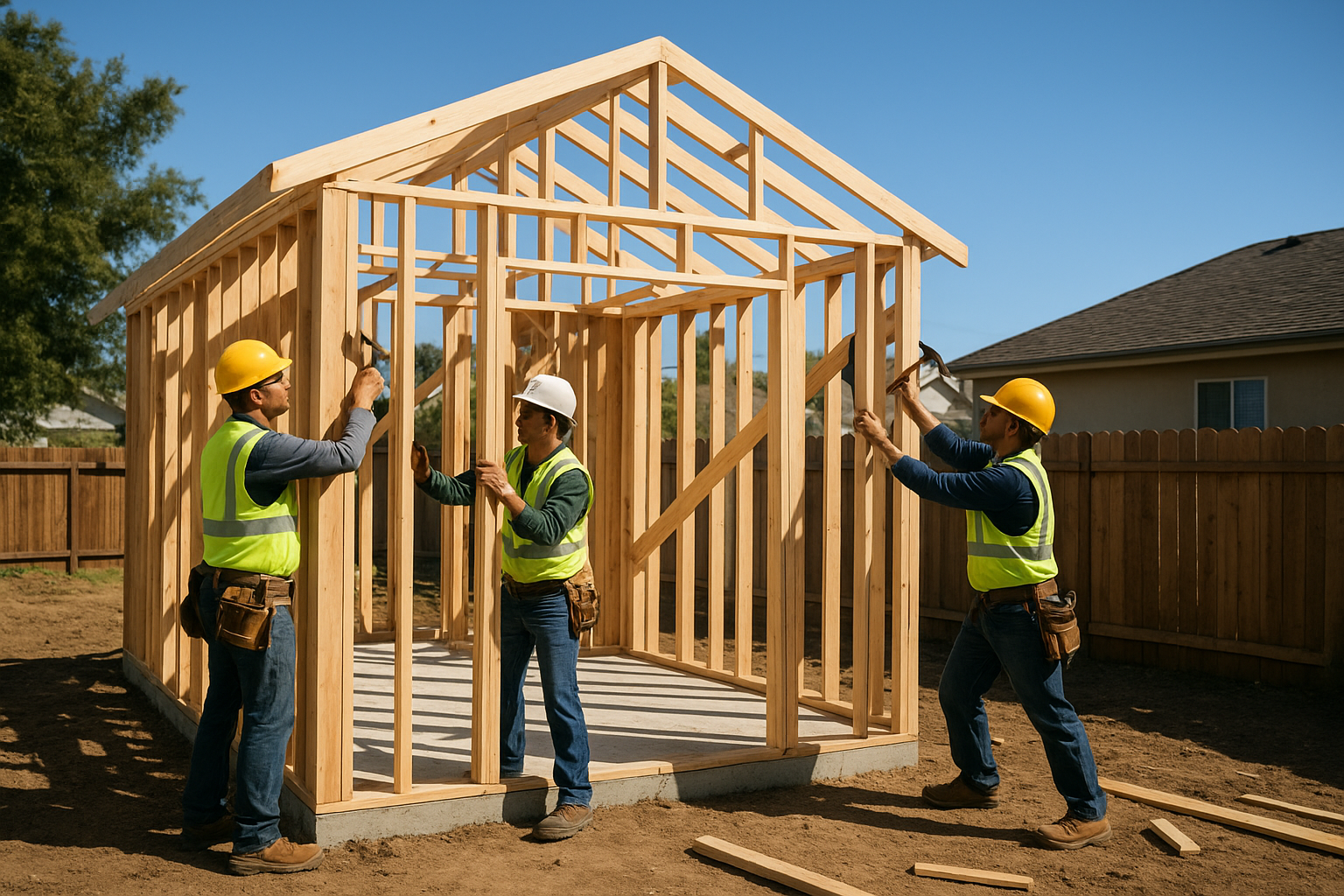 Construction crew framing a new guest house structure in a residential Southern California backyard
