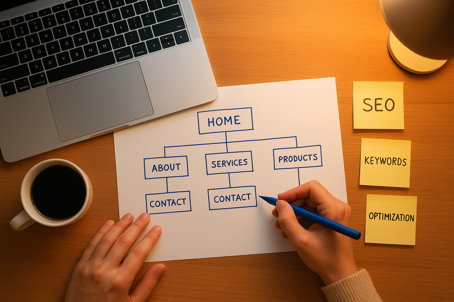 Person sketching a website sitemap and internal linking plan on paper at a clean desk workspace