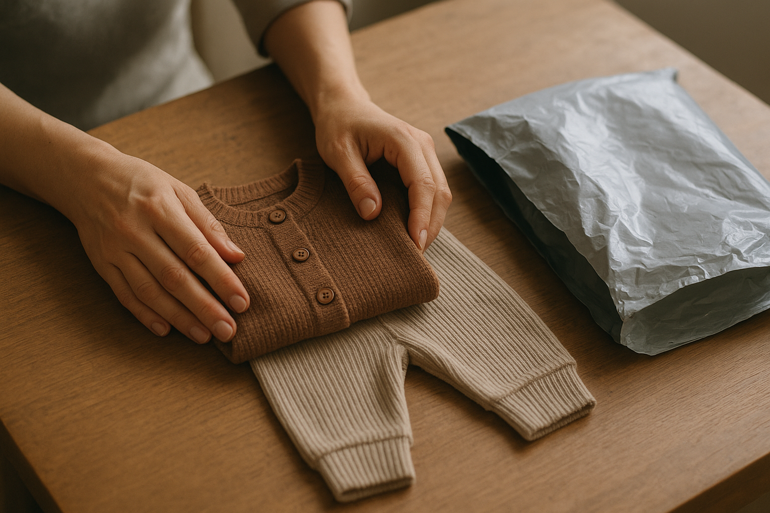 Parent folding premium children's clothing before returning it through a kids clothing rental service
