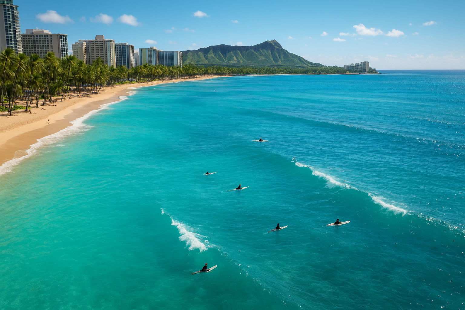 Aerial view of Waikiki's gentle surf breaks used for beginner surf instruction