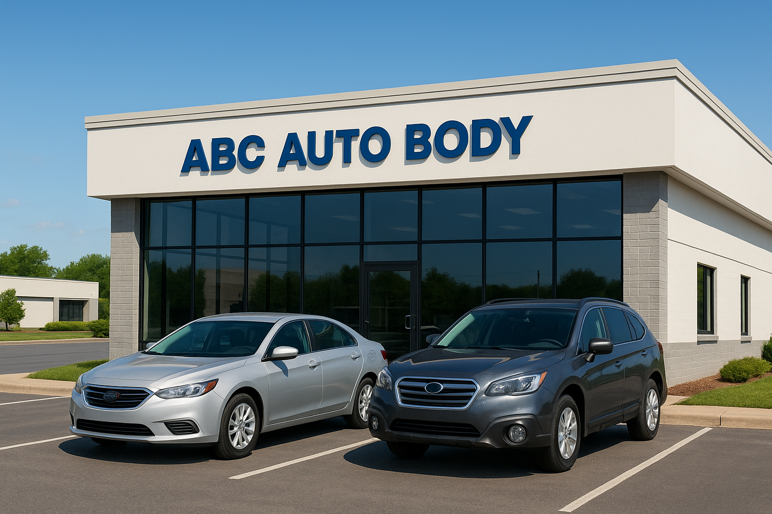Exterior view of a reputable auto body shop in a suburban Orange County setting