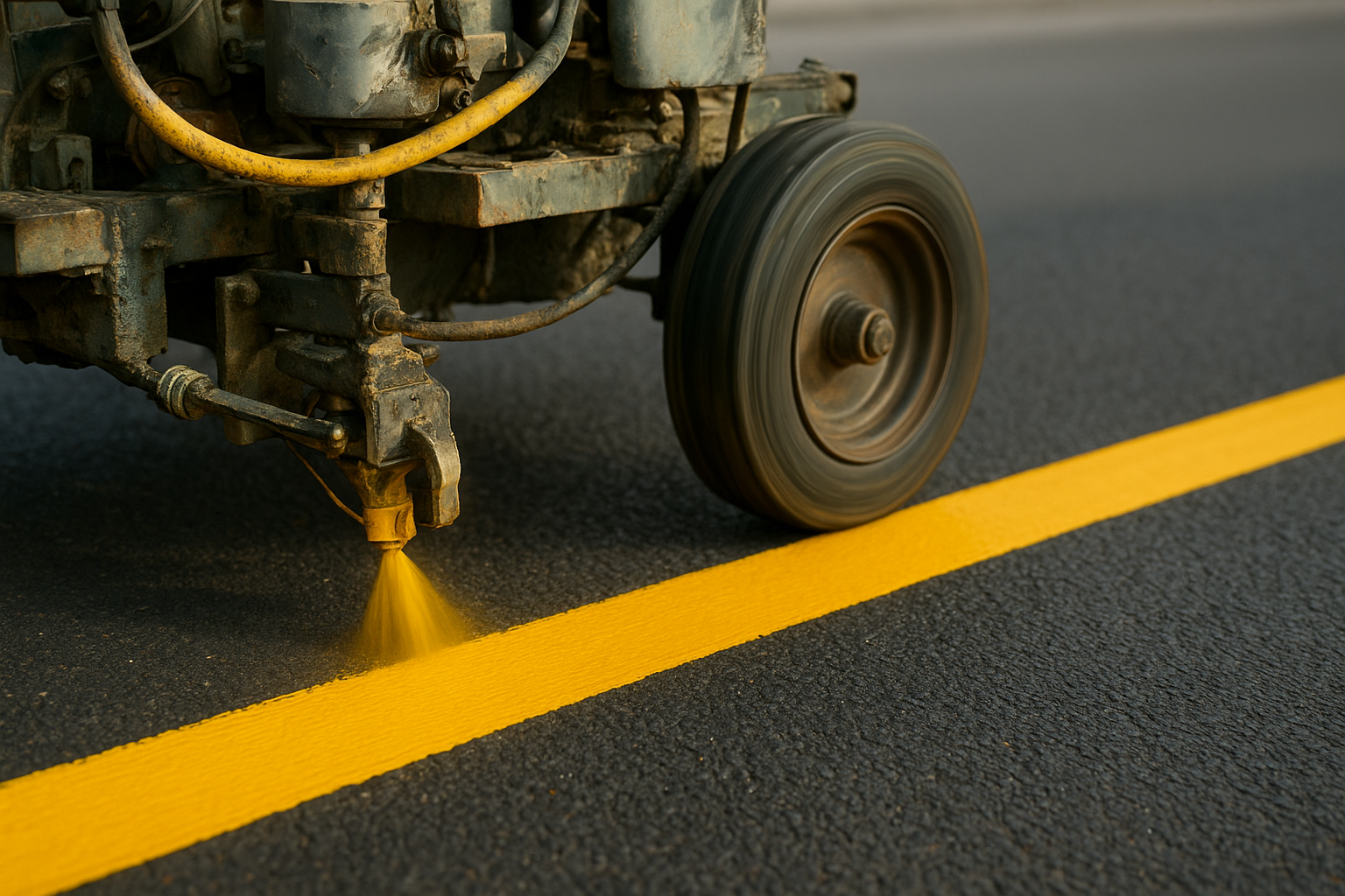 Line striping machine applying a fresh yellow stripe to a parking lot surface