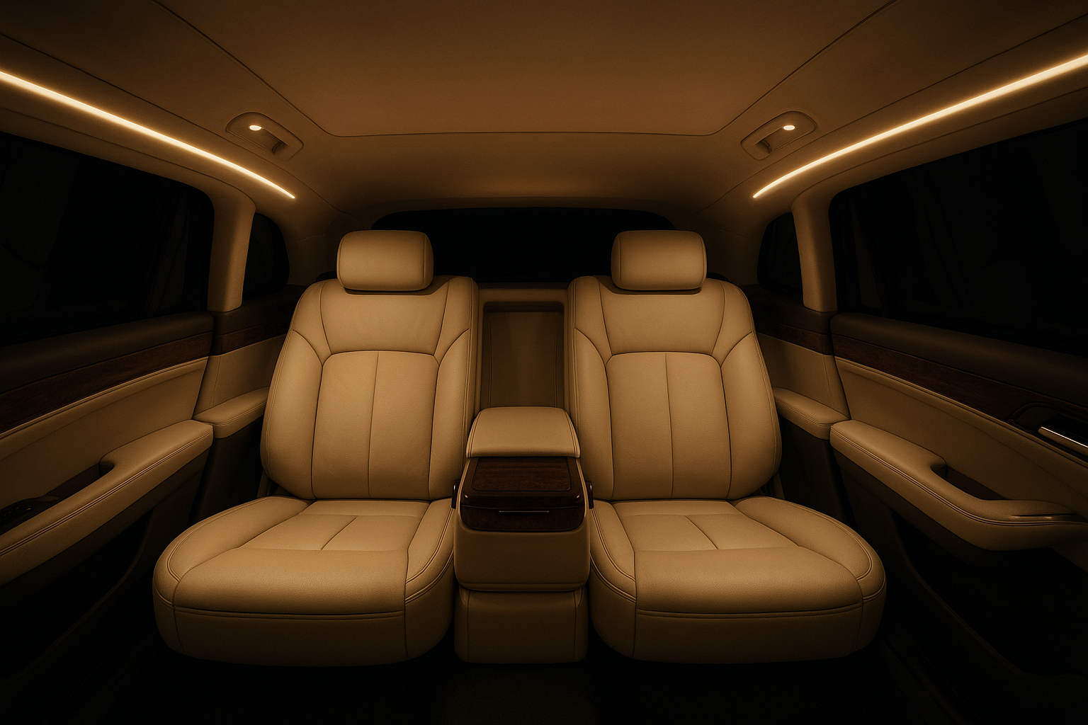 Interior cabin of a luxury limousine with leather seating and ambient lighting