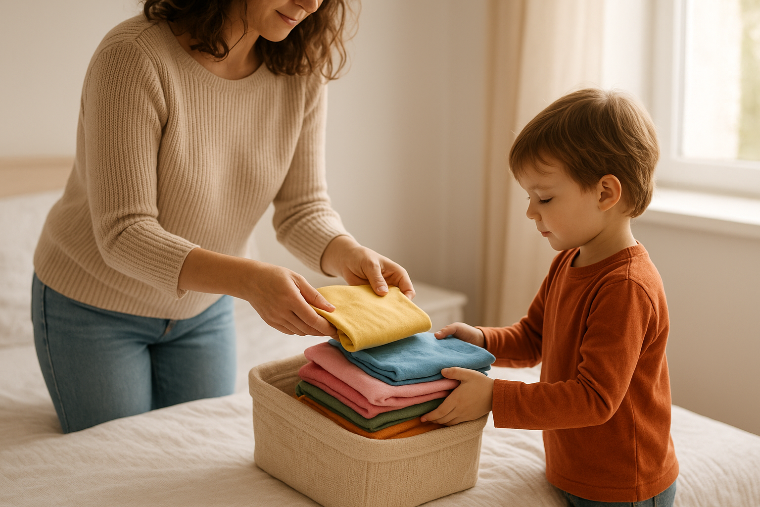 Parent and child sorting a rotating rental wardrobe of kids clothing at home