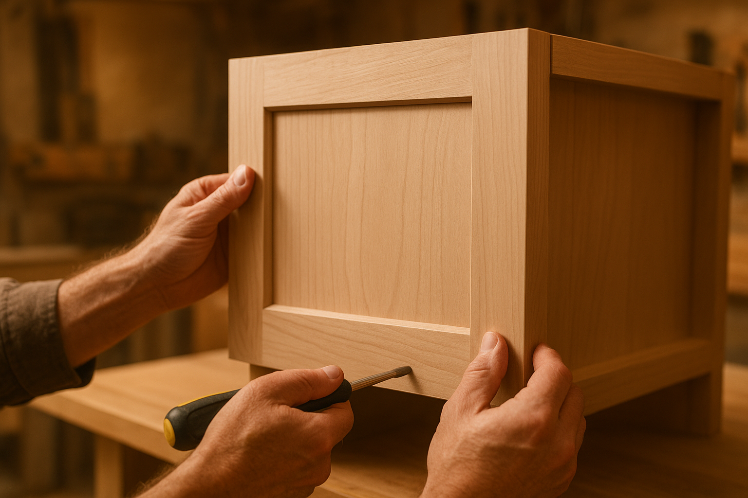 Professional installer fitting a new cabinet door as part of an affordable kitchen cabinet refacing project