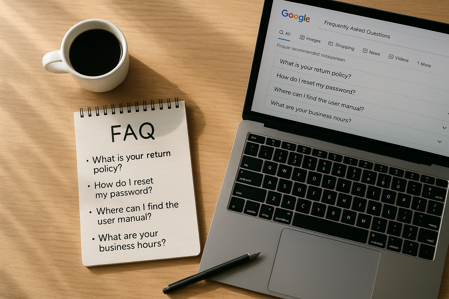 Workspace showing FAQ content planning and search result rich snippets for structured data