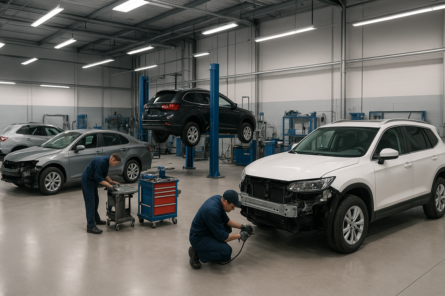 Interior of a professional Orange County auto body shop with vehicles undergoing collision repair