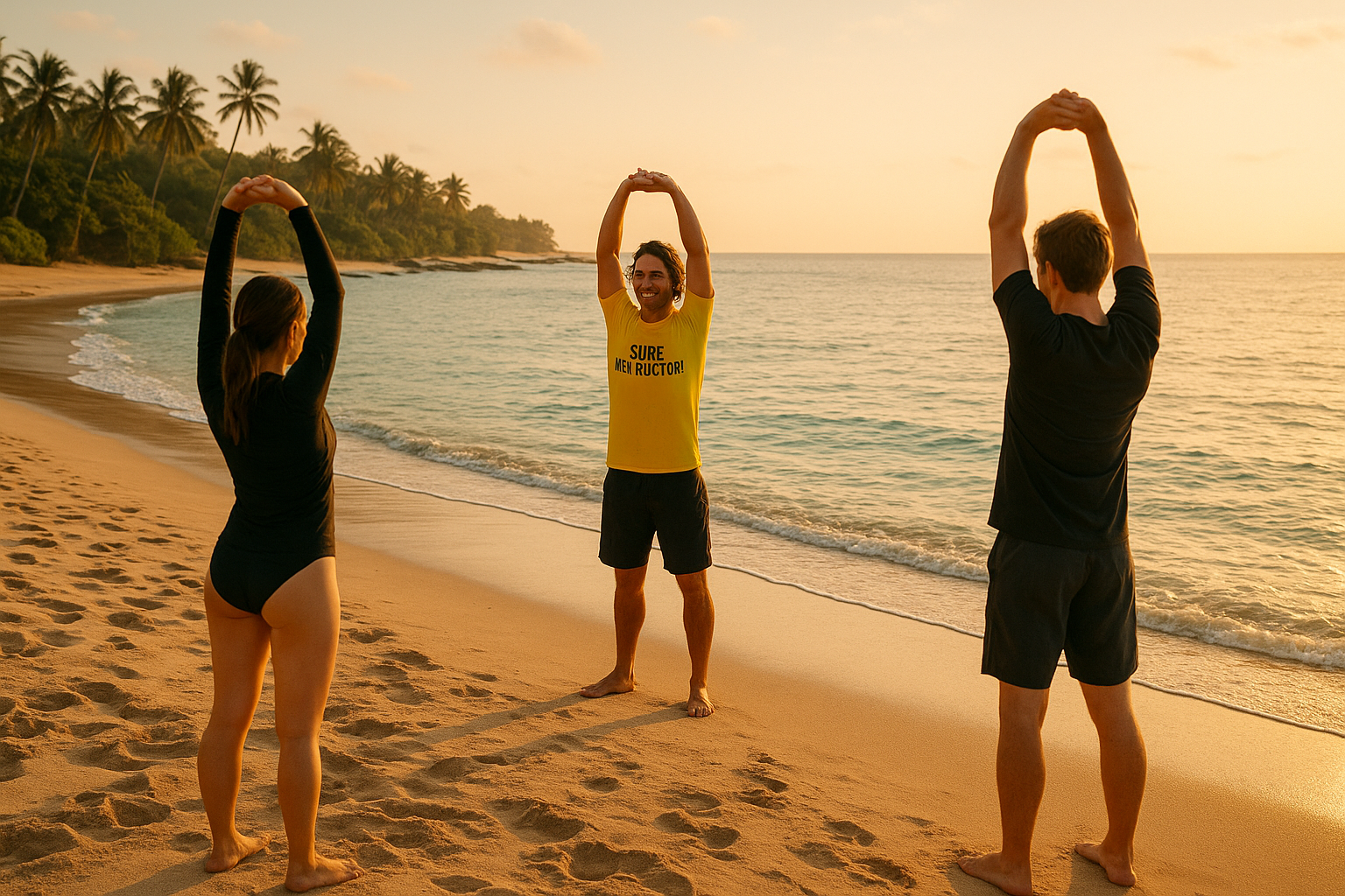Surf instructor guiding students during multi-day surf camps Oahu session at sunrise