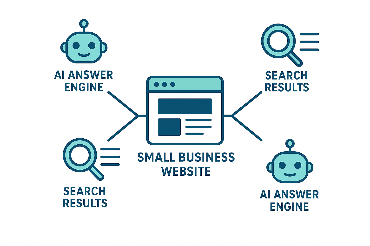 Diagram showing GEO and AEO connecting a startup website to AI answer engines