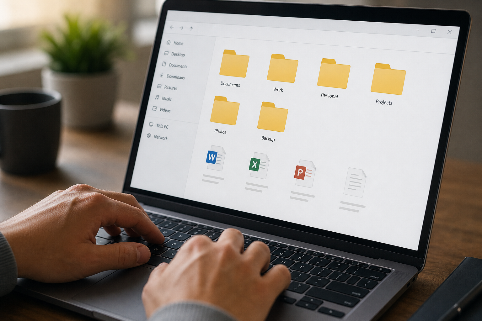 Office worker accessing cloud-based files as part of switching to a Zoho One alternative