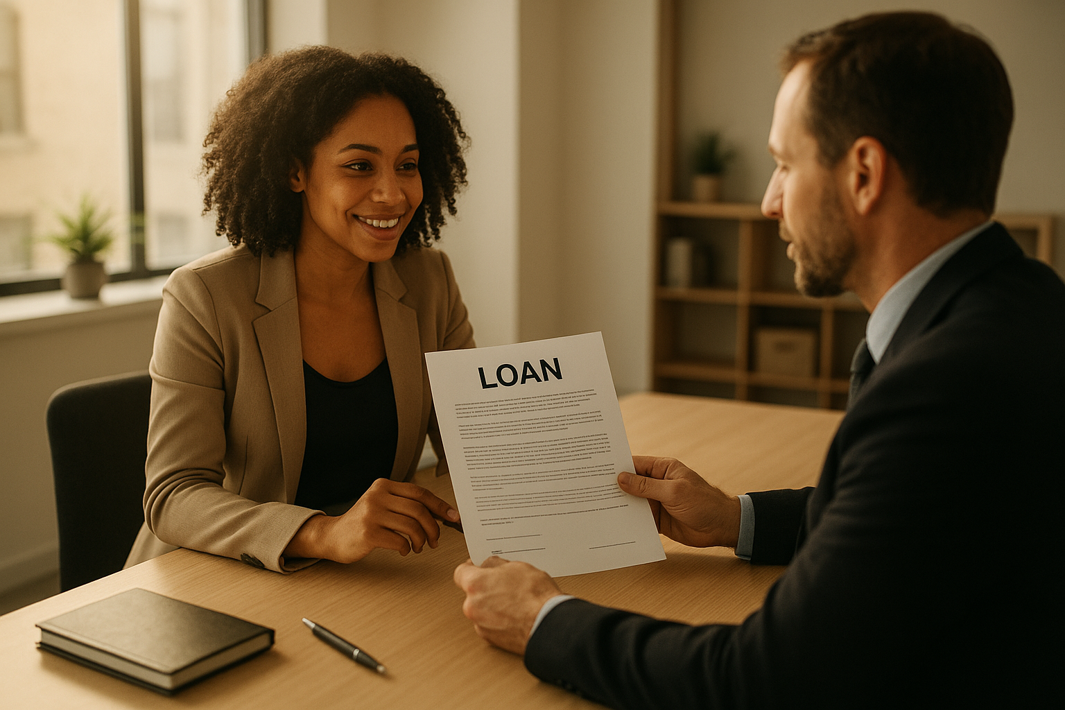 Business owner reviewing fixed rate small business loans paperwork with a lender