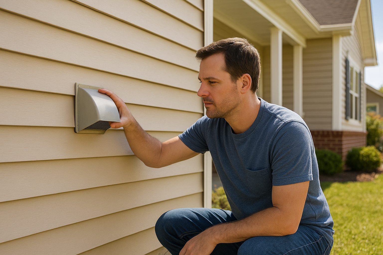 Homeowner checking the exterior dryer vent hood as part of a seasonal maintenance check