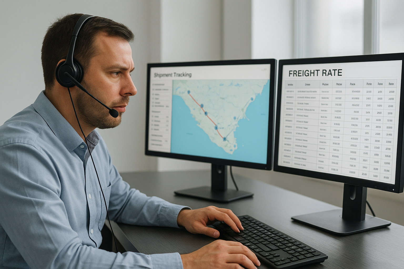 Freight broker dispatcher comparing LTL carrier rates and tracking shipments on screen