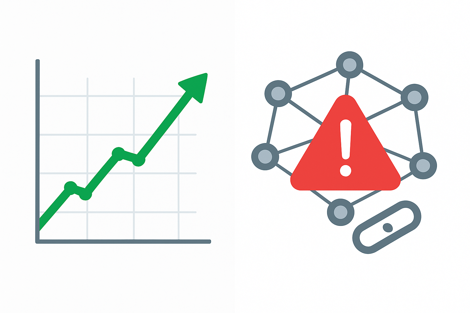 Split illustration comparing healthy backlink growth versus a toxic link network causing SEO penalties