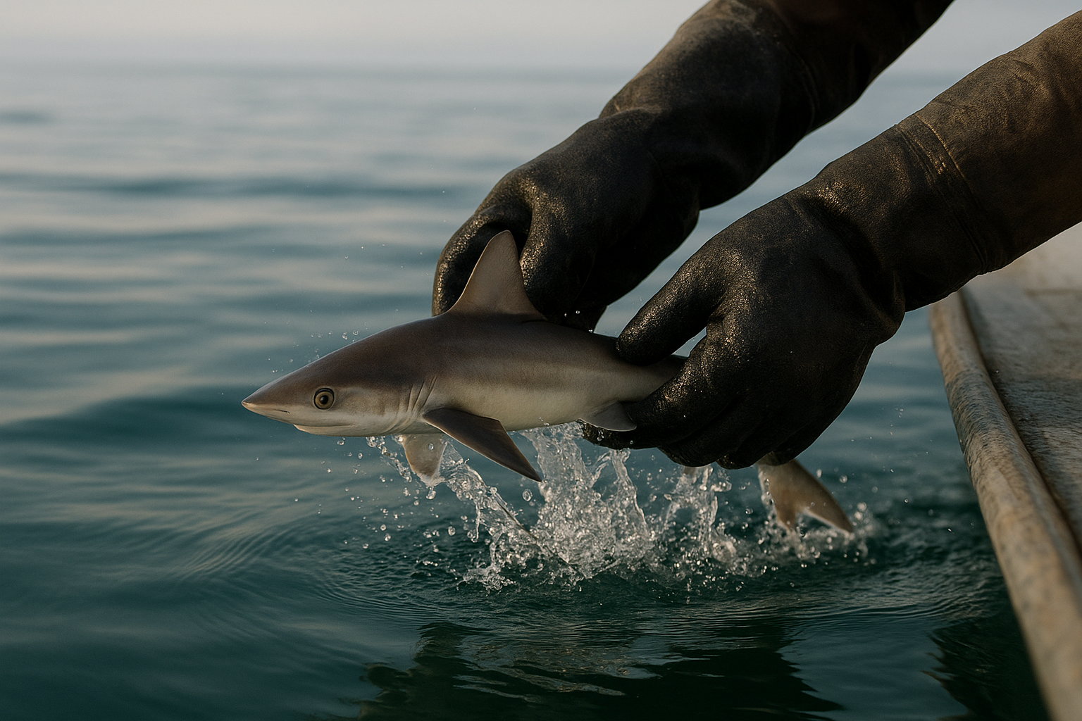 Gloved hands safely releasing a shark boatside during a Myrtle Beach charter