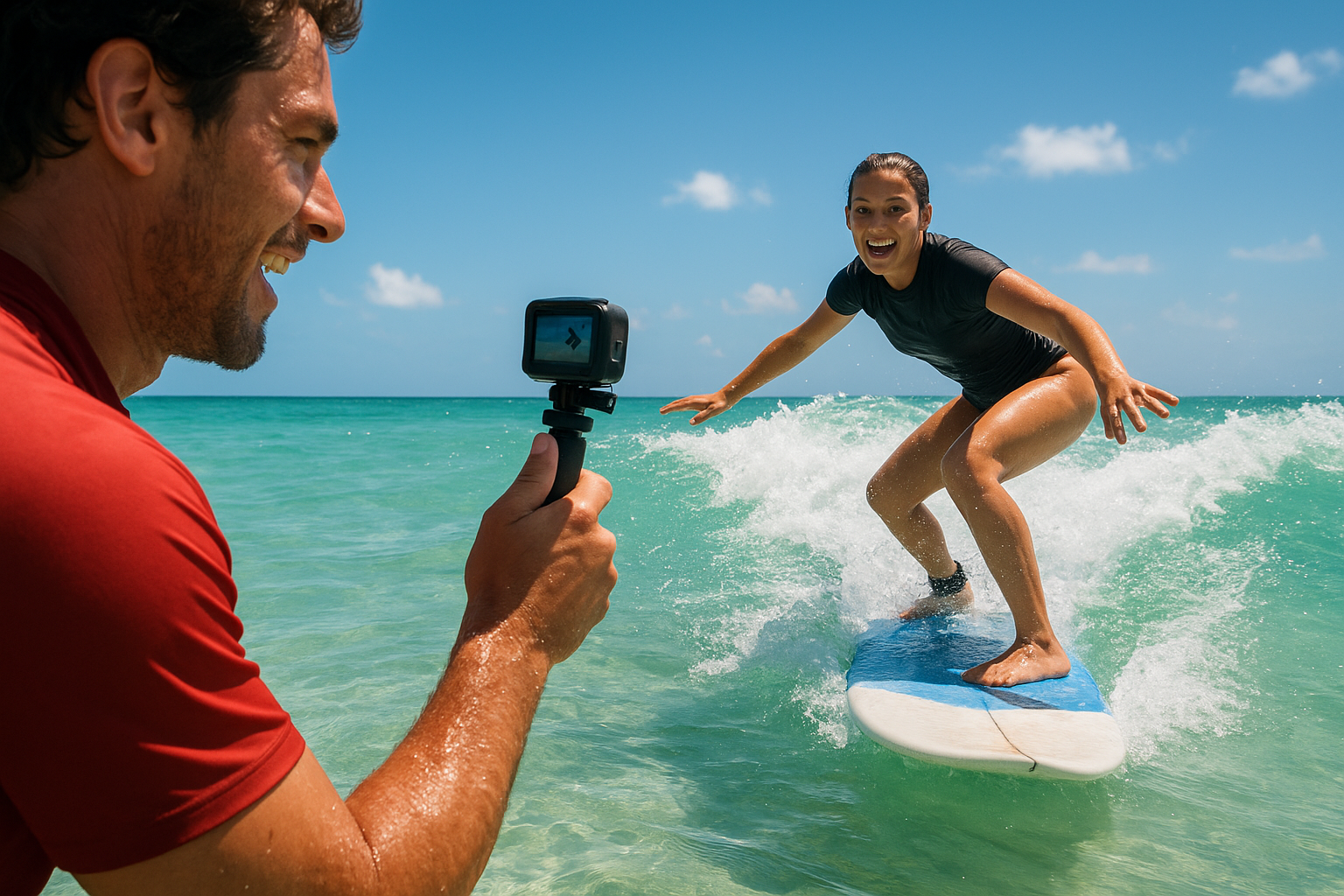 Instructor filming a student during a Waikiki surf lesson for video technique review