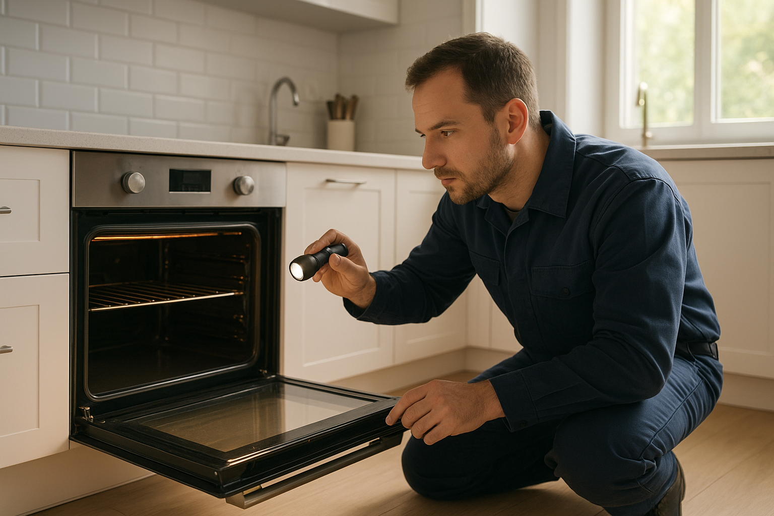 Technician performing oven repair and maintenance services on a residential oven