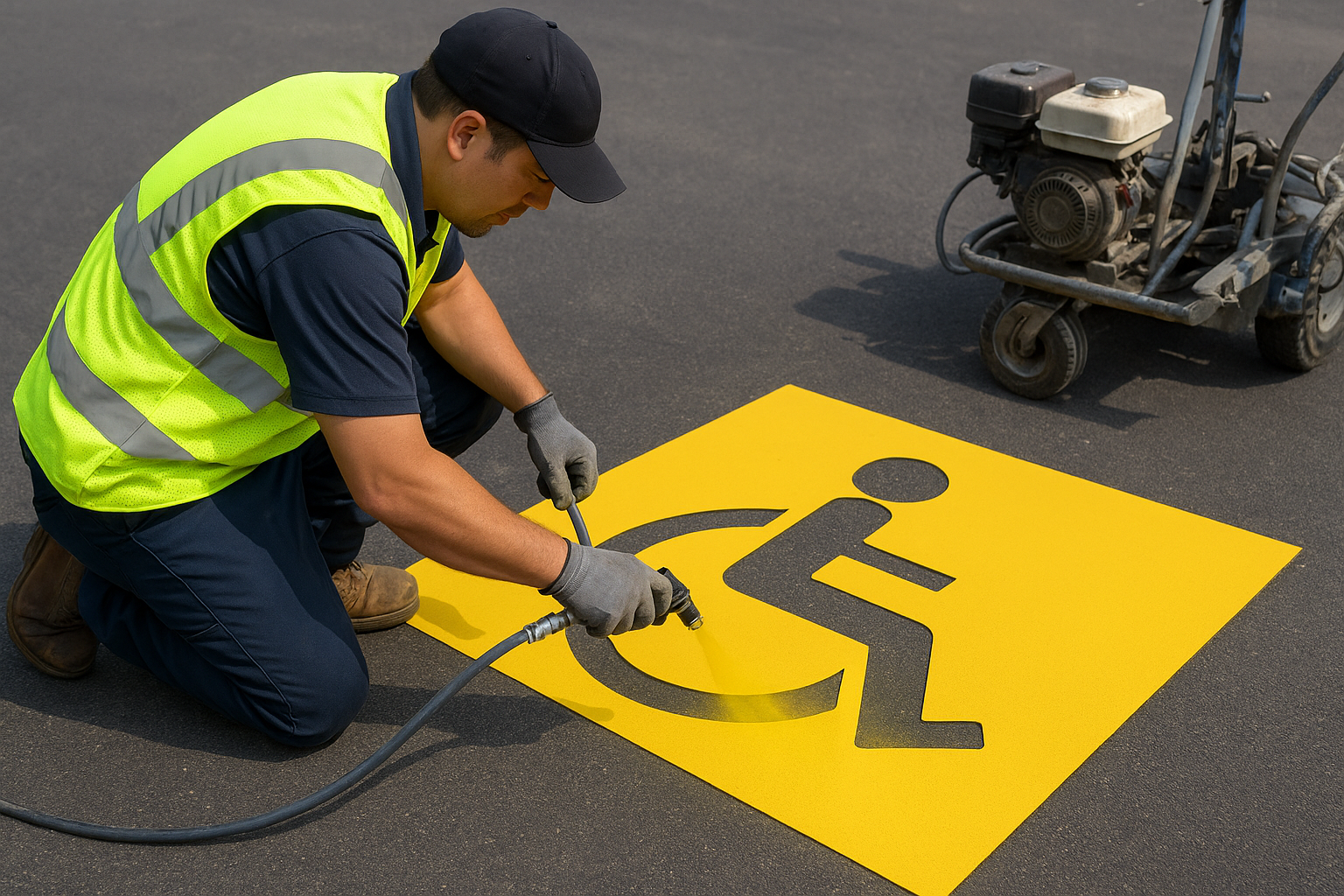 Technician applying ADA accessible parking symbol during a professional lot restriping project
