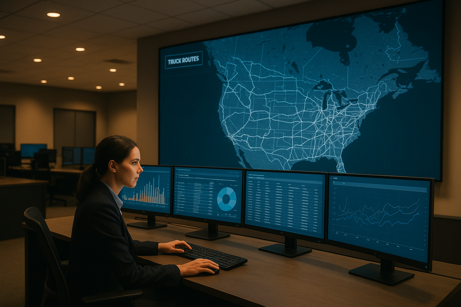 Logistics broker coordinating truckload shipments on digital route maps
