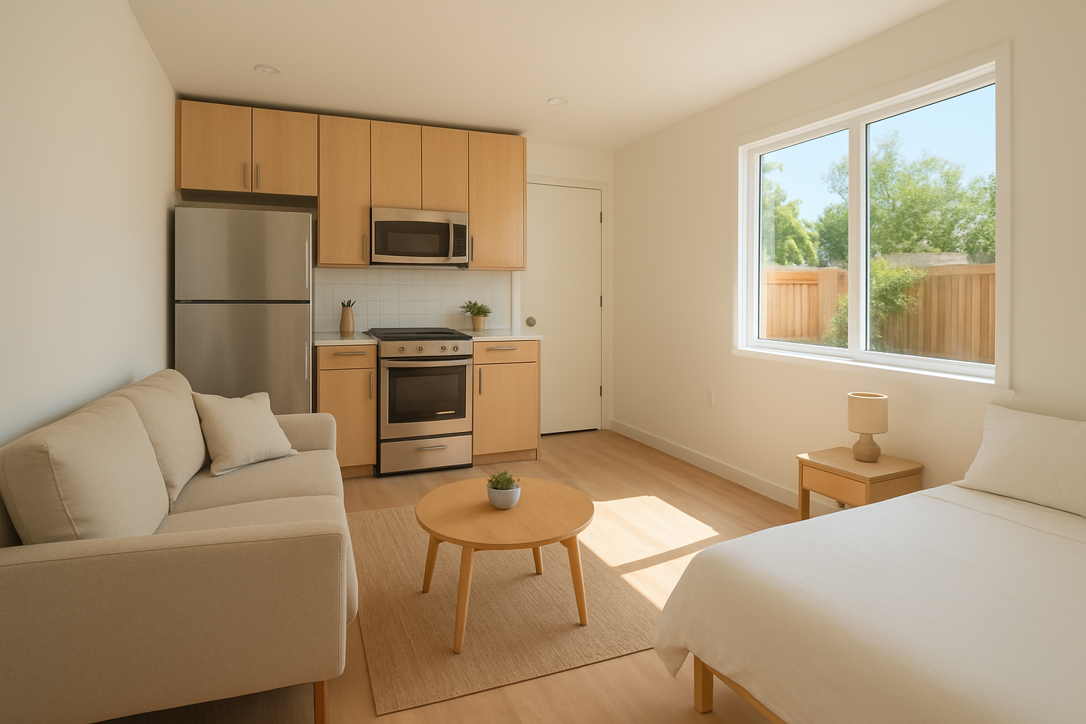 Bright and modern interior of a newly completed ADU unit in Los Angeles with wood floors and compact kitchen