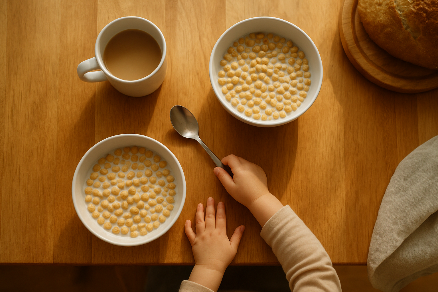 Family breakfast table with bowls of minimally processed cereal made from whole grains