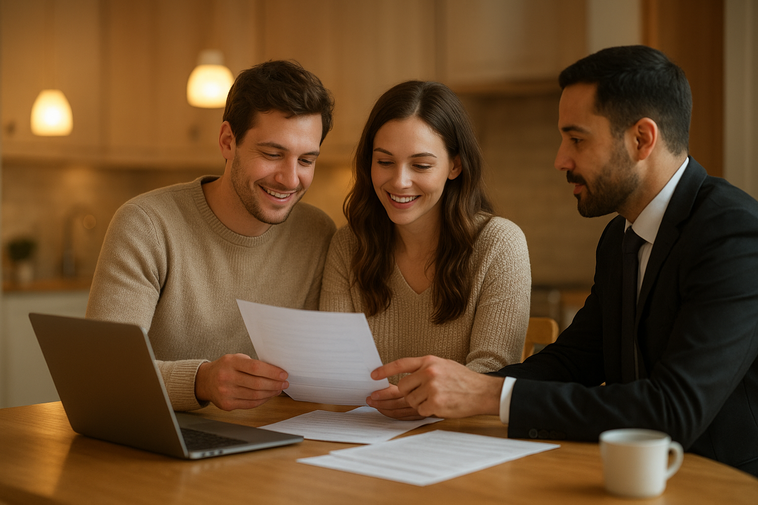 First-time home buyers reviewing paperwork with a local real estate agent at a kitchen table