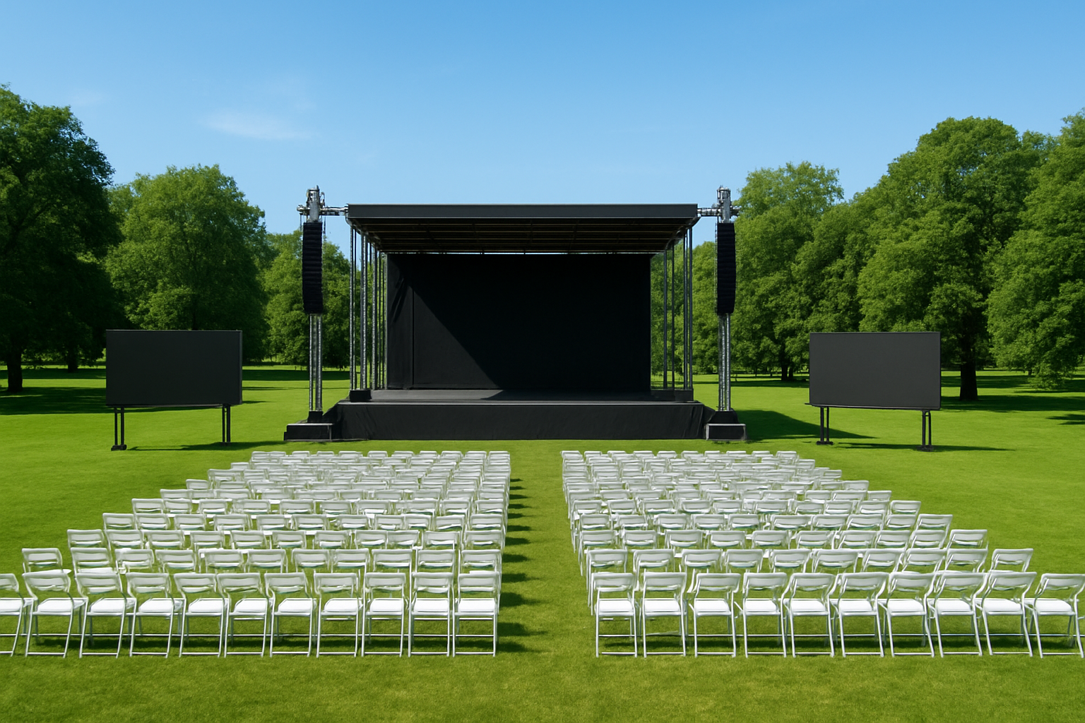 Aerial view of outdoor corporate event with professional sound system speaker towers flanking the main stage
