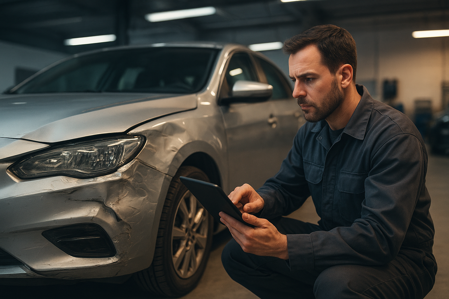 Auto body technician assessing vehicle damage as part of the accident repair process explained