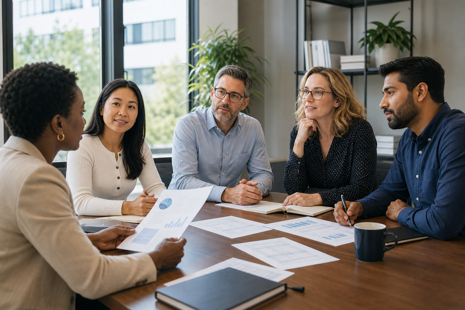 HR consultant reviewing HR solutions for mid-sized businesses with company leadership team