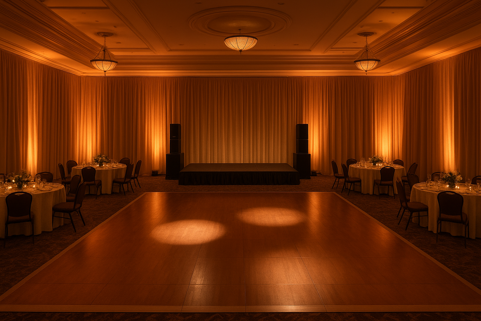 Professional private event audiovisual services setup in a ballroom with uplighting and stage speakers