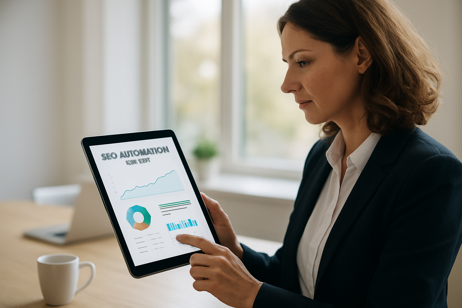 Small business owner reviewing automated SEO reports on a tablet in a bright office