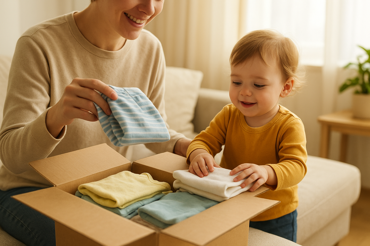 Parent and child unboxing a children's clothing subscription delivery