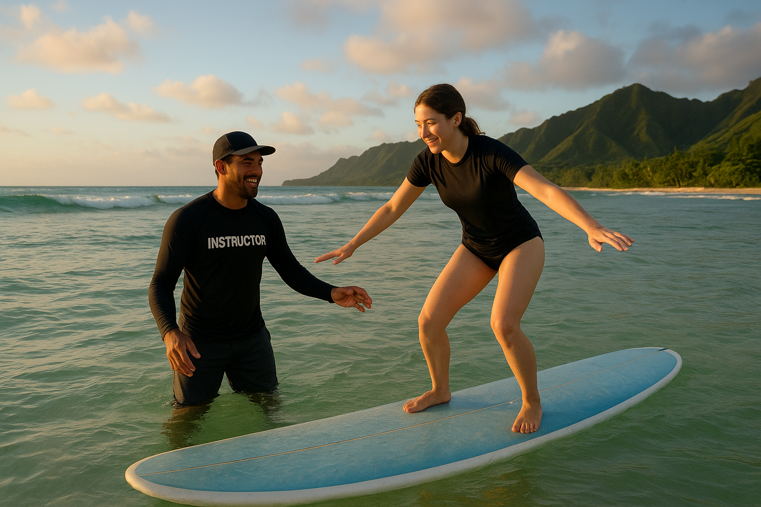 Instructor teaching a student during a lesson with one of the top Oahu surf schools